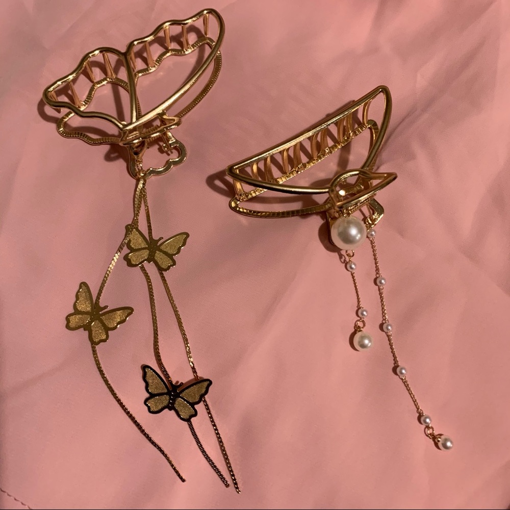 2 Gold Hair Claws w/ Hanging Butterflies & Pearls